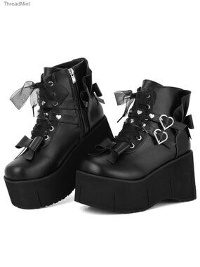 Goth Combat Ankle Boots for Women Platform Chunky Heel Lace Up Punk Motorcycle